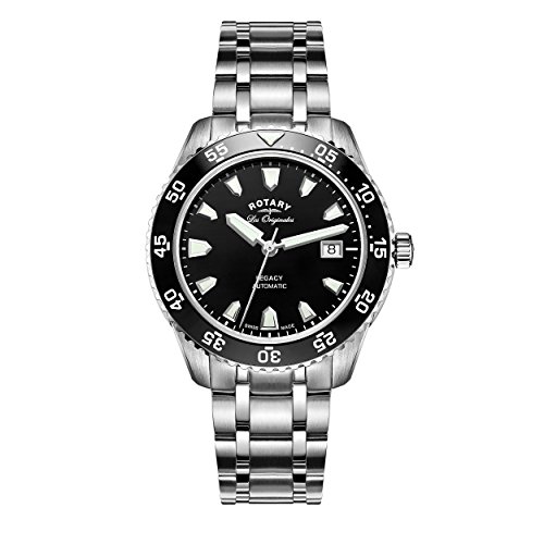 Rotary Men's Automatic Watch with Black Dial Analogue Display and Silver Stainless Steel Bracelet GB90168/04