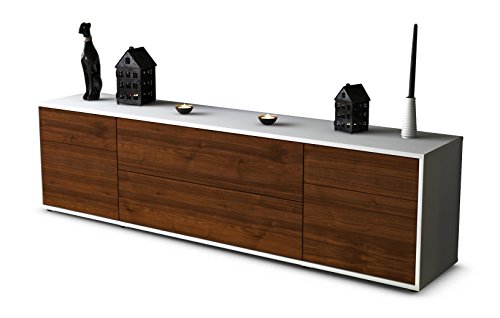 Stil.Zeit TV-Schrank Lowboard Bibiane, Korpus in Weiss Matt/Front im Holz-Design Walnuss (180x49x35cm), mit Push-to-Open Technik und Hochwertigen Leichtlaufschienen, Made in Germany