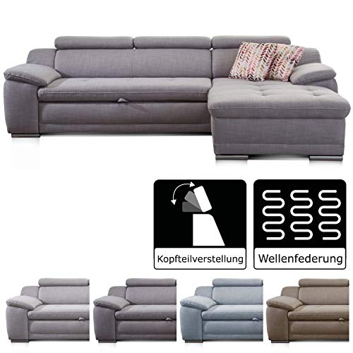 Cavadore Ecksofa Aniamo mit XL-Longchair rechts Eckcouch im modernen Design / Inkl. Verstellbarer Kopfteile / 270 x 80 x 165 / Grau