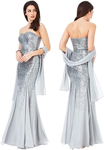 Goddiva Silver Strapless Sequin Chiffon Inserts Maxi Dress-Wrap Bridesmaid Party (12)