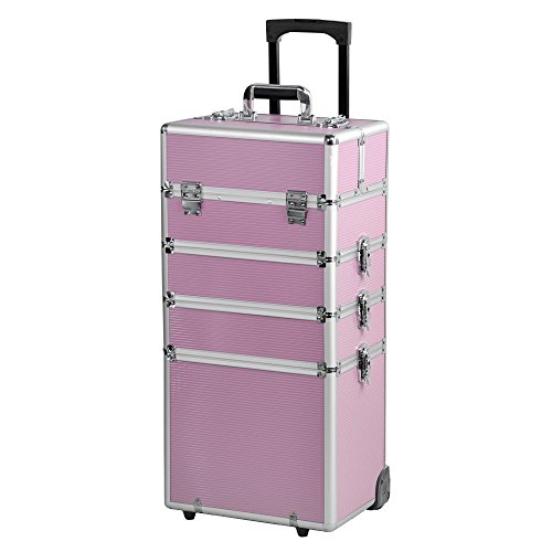 Professional Extra Large Space Aluminium Cosmetics & Make Up Case/Box Nail Art Case Hairdressing Case Beauty Case Toiletry Storage Nail Hairdressing Vanity Box Valentines Day Gift (4 in 1 trolley, Pink)