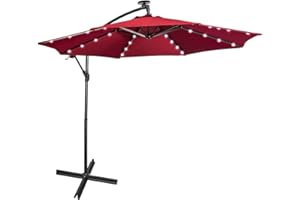 Mondeer Cantilever Parasol, Garden Umbrella 3M Aluminium Waterproof UV Protection Height Adjustable Crank Handle with Solar LED Lighting for Outdoor Garden Patio (Red)
