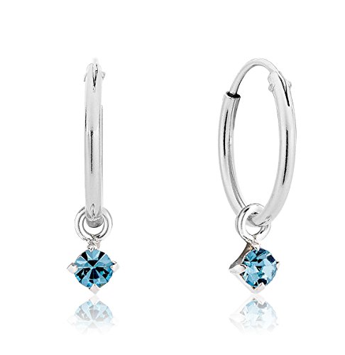 DTPsilver® 925 Sterling Silver SMALL Hoops Earrings & Round Dangling 3 mm Glittering Crystals from Swarovski® Elements - Thickness 1.2 mm - Diameter: 12 mm - Many Colours to choose from