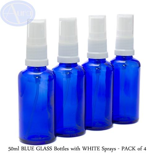 50ml BLUE Glass Bottles with White ATOMISER Sprays - PACK of 4