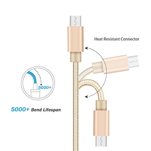 Budget&Good Micro USB Nylon Kabel High Speed USB 2.0 Nylon geflochtenes Datenkabel Ladekabel für Android, Samsung, HTC, Motorola, Nokia, LG, HP, Sony, Blackberry 2Pack 2M—Gold - 4