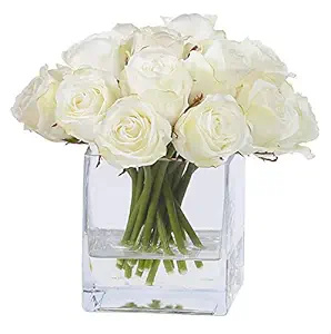 TIED RIBBONS Faux White Rose Flowers with Square Glass Vase for Home Decor, Center Table, Bedroom, Side Corners, Living Room, Dining Room, Office (6 Roses)