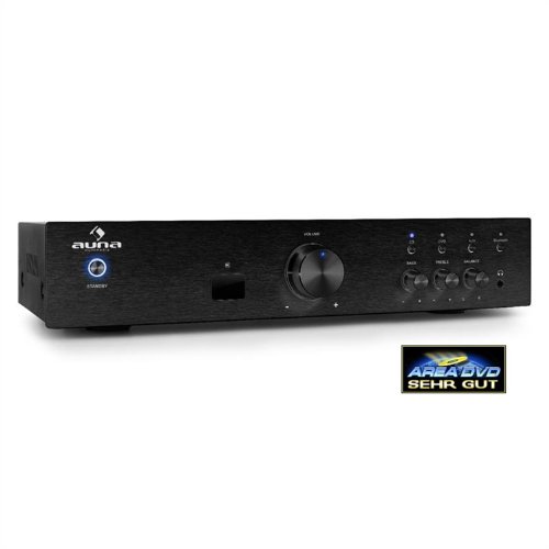 auna AV2-CD508BT - HiFi , Home Cinema , Amplificatore stereo , Potenza max 600 W , Interfaccia Bluetooth 3.0 , Aux In , 3 ingressi RCA stereo , Telecomando , pannello frontale in acciaio inox , nero