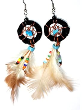 NEU Indianer Ohrschmuck Paar Traumfänger 25mm. SCHWARZ Ring Ohrringe Ohrhänger NATUR Mini Federn Perlen Stein...