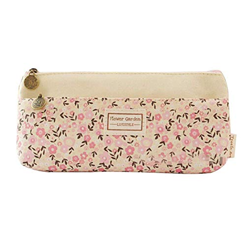 Asien Portable Flower Canvas Pencil Pen Case Coin Pouch Double Zipper Bag Purse for Students Beige