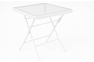 HERSIG - Mesa de Jardin Cuadrada Plegable de Acero y Vidrio Templado - Mesa Exterior Blanco 60x60x70 CM - Mesas de Terraza y Jardín Cuadradas - Mesas para Verano Exterior con Cristal Texturizado