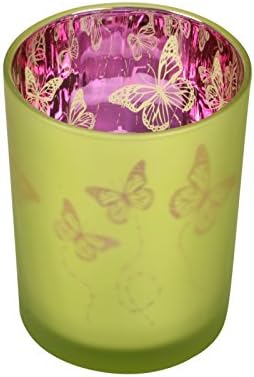 Straits Trading Co 12cm Green Butterfly Frosted Glass Candle Holder Metallic Mirror Finish Tealight