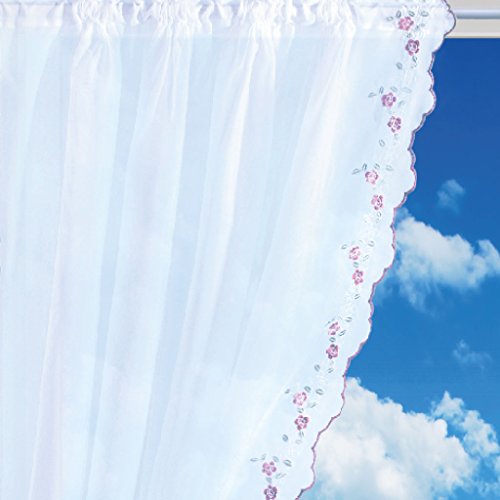 Gardinenset Voile mit Stangendurchzug Serie: Satin, Auswahl: weinrot – Blumen bestickt 5-teilig - 3