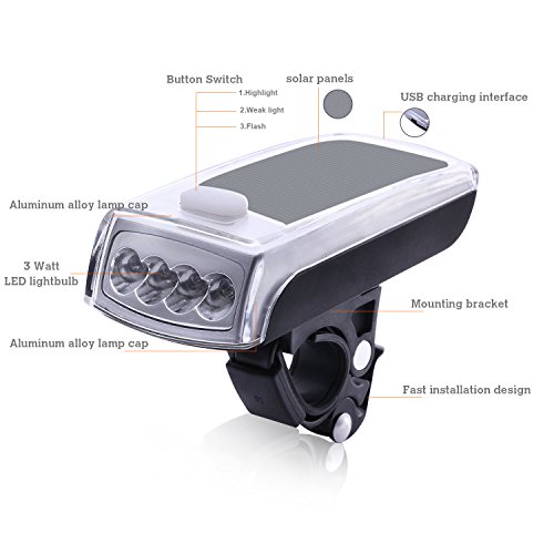 Solar LED Fahrradlampen Set, AVAWAY Solar Fahrradbeleuchtung USB Wiederaufladbare Fahrradlicht Scheinwerfer Set inkl. Frontlichter und Rücklicht, Halterung - 4