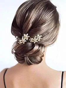 Asooll Bride Wedding Hair Pin Flower Bridal Gold Head Clip Rhinestone Crystal Headpiece for Women and Girls