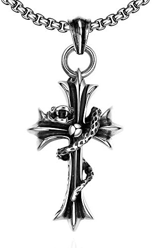 JVIVJ Stainless Steel Vantage Gothic Style Punk Pendant Necklace for Guys, 60 cm Round Link Chain (Single Snake Cross)