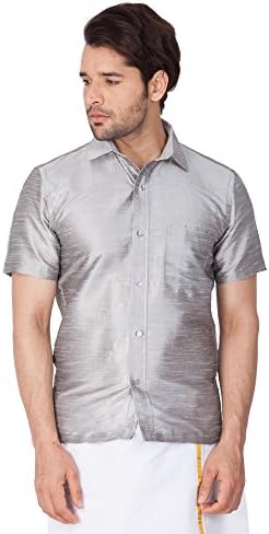 VASTRAMAYMen's Silk Blend Ethnic Shirt - Half Sleeves, South Indian Traditional Shirt for Weddings, Festivals, & Casual Wear