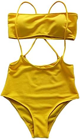 Spring Fever Women's Sexy Bandeau Top High Waist Braces Bikini Two Pieces Swimsuit Set Yellow M