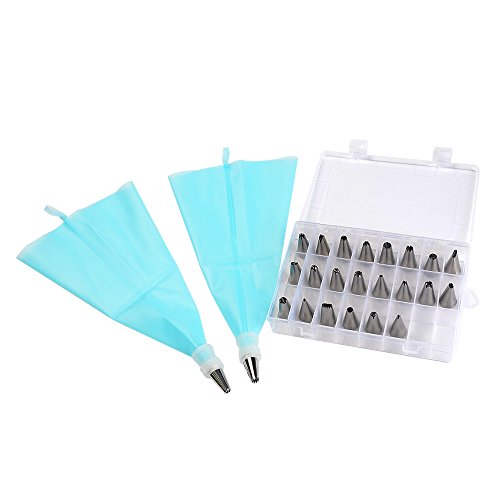 IDEALEBEN Garniertüllen Set mit 24 Stücke Garniertülle und 2 Spritzbeutel Spritztüllen aus Edelstahl Geeignet für Torten, Kuchen, Bäckerei，Keksen, Plätzchen usw.