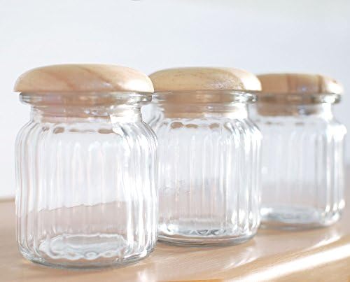 Small Ribbed Glass Jar with Wooden Lid, Kitchen/Bathroom Storage ~SET OF 3
