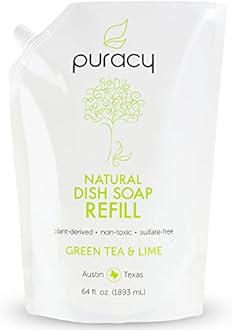 Puracy Natural Liquid Dish Soap Refill, [64 Oz], Sulfate-Free Dishwashing Detergent, Green Tea and Lime, 64 Fluid Ounce Pouch
