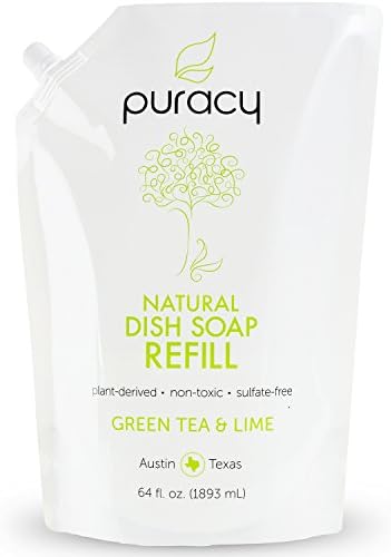 Puracy Natural Liquid Dish Soap Refill, [64 Oz], Sulfate-Free Dishwashing Detergent, Green Tea and Lime, 64 Fluid Ounce Pouch