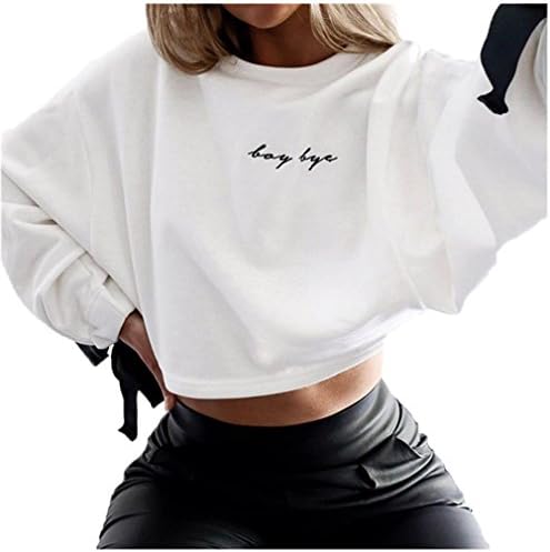 Fashion White Sweatshirt Black Bandage Design Round Neck Cropped Pullover with Letters Printed