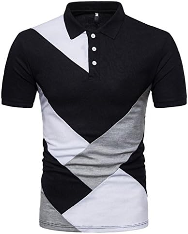 LMMVP New Men's Shirts Fashion Personality Casual Polo Top Slim Patchwork Short Sleeve T Shirt (2XL, Black)