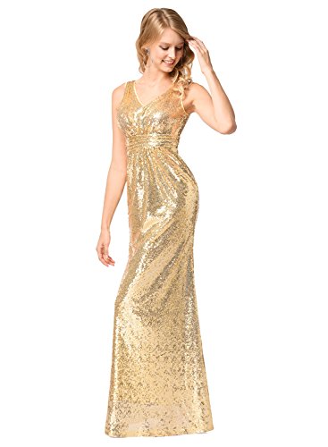Frauen V-Ausschnitt Warp Kleid Night Out Kleid Partei lange Pailletten Kleid Gold M - 3