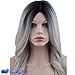 Eseewigs Synthetic Long Wave Ombre Wig Two Tones Black Rooted Grey Heat Resistant Cheap Middle Part Wig 130% High Density for Women