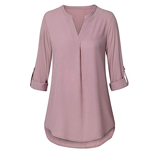 Manga Larga para Mujer Roll-Up Tops Botón Informal con Cuello en V Camisa en Capas Blusas ?? Manadlian (RosadoC, L)