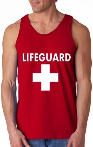 Men's Sleeveless funny fancy dress costume Athletic Vest 'Lifeguard' (Large, Red with white logo)