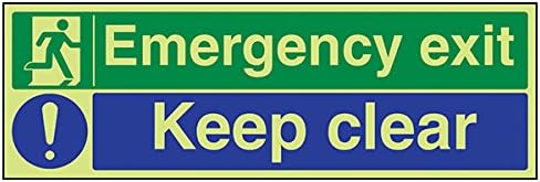 VSafety 21011BJ-G Safe Condition Exit Sign, Emergency Exit/Keep Clear, Landscape, 1 mm Glow In The Dark Plastic, 450 mm x 150 mm, Blue, Green