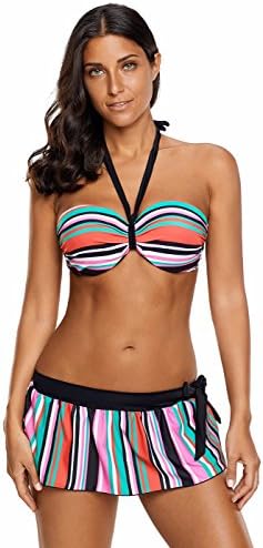 UMilk Women's Stripe Halter 3 Piece Bikini Set With Skirt Bottom