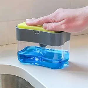 FLOBIQUE 2 in 1 Soap Pump Plastic Dispenser for Dishwasher Liquid Holder with Free Checks Kitchen Dusting Cloth & Free Sponge