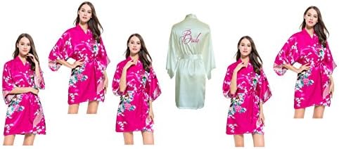 Set of 6 Satin Kimono Dressing Gowns/Robes- 1 Ivory Embroidered Bride & 5 Peacock Design, Wedding Gift/Favour for Bride & Bridesmaid