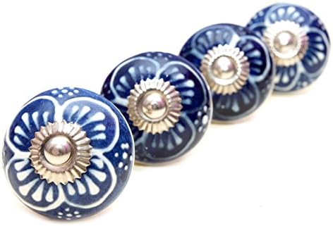 Pretty Dark Blue EMBOSSED Flower CERAMIC Door Knobs / Drawer Pulls from INDIA. SET of 4. (REXK160044)