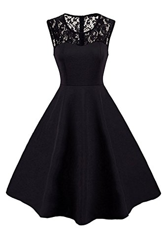 MisShow Robe de Soirée Cocktail pour Mariée au Genou Elégante Rétro 50s 60s Solide avec Dentelle Florale Evasée en Coton Swing Drande Taille Noir 2XL