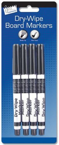 Black Coloured 4 x Dry Wipe White Board Marker Pens Black Whiteboard Bullet Tip