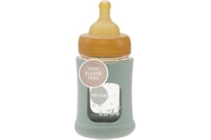HEVEA Plastic-Free Wide Neck Glass Baby Bottle with Sleeve - Slow Flow Anti Colic Baby Bottles Newborn 0+ months - Eco-friendly, BPA-free, Single-pack (150 ML)