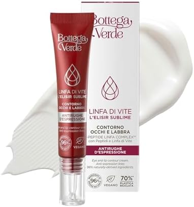 Bottega Verde - Linfa di Vite L’Elisir Sublime Contorno Occhi e Labbra, 15 ml, Effetto Levigante e Filler, con Peptidi, Linfa di Vite, Acido Ialuronico e Filmexel, per Rughe d’Espressione