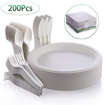 Fuyit 200Pcs Assiettes jetable Ensemble,Écologique,Recyclable,Comprend Assiettes en Assiettes jetables Blanches,fourchettes,Couteaux et cuillères pour la fête,Le Camping et Les Pique-niques (Blanc)
