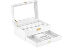 LINGFANSTORE Uhrenbox aus Leder mit 12 Fächern, mit Schublade Luxus-Uhrenkasten, Präsentations-Organizer Uhrenkasten Uhrenkoffer Schmuckkasten mit Glasanzeige Oberseite für Uhren,Ringe,Armbänder (Weiß-W79W)