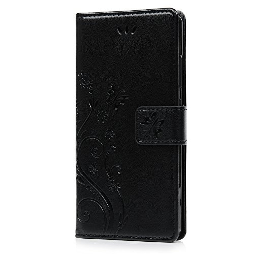 P8 Lite Hülle, Huawei P8 Lite Tasche YOKIRIN Schwarz PU Leder Handytasche Drucken Schmetterling Weinstock Wallet Schutzhülle Kunstlederhülle Taljereep Kredit Kartenfächer Case Book Cover Flipcase - 3