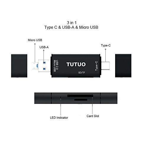 TUTUO USB Kartenleser Speicherkartenleser SD / Micro SD (TF) 3 in 1 Universal USB Type C, USB-A und Micro USB OTG Adapter für MacBook Pro, Chromebook Pixel / XL / Pixel C, Nexus 5X / 6P, Lumia 950 / XL, Huawei P9 / P10, Samsung Galaxy S8, OnePlus 3, Handys, Computer, Smart TV und mehr (Schwarz) - 5