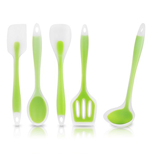 Enko Silikon Küchenhelfer Set 5 - Pfannenwender Turner, Spoonula, Rührlöffel, Schaumlöffel, Suppenkelle, Hitzebeständige Silikon-Geschirr.