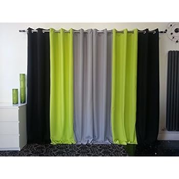 Pair Of 3 Tone Fully Lined Ring Top Eyelet Curtains In Lime Green