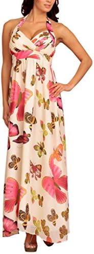 Long Evening Dress Empire Gown Halterneck Sleeveless Butterfly Print Hot Pink White Size 8