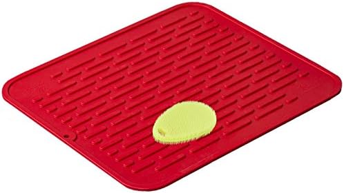 Red Extra-Large Silicone Dish-Drying Mat &amp; High-Heat Resistant Trivet With BONUS Silicone Scrubby | Antimicrobial, Antibacterial | 17.8 x 15.8 inch