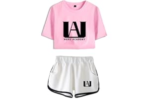 LKY STAR My Hero Academia T-Shirts und Kurze Hose Set Anime MHA Cosplay Deku Shoto Crop Top und Shorts 2pcs für Damen Mädchen