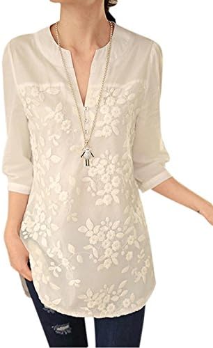 Teamyy Women's Elegant T-Shirt Tunic Blouse V-Neck 3/4 Sleeve Floral Embroidery Long Tops